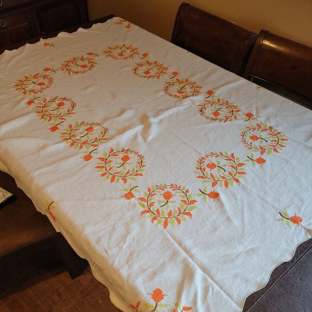 Vintage Heavy Linen Cross Stitch Tablecloth Needlepoint Hand Crafted floral 1960